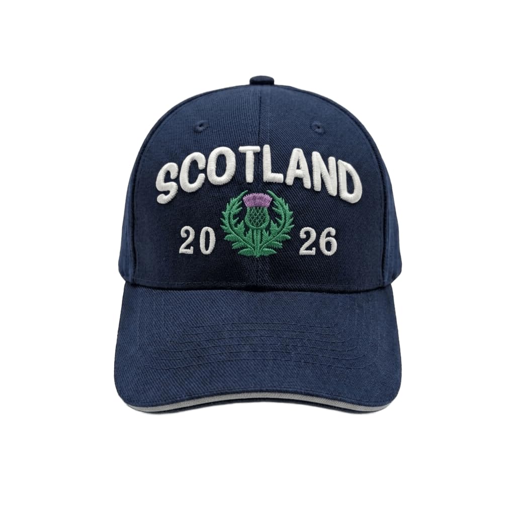 Scotland 2026 Embroidered Thistle Baseball Cap, Navy and White, Cotton, 3D Foam Embroidery, World Cup Hat, One Size (Navy/White)