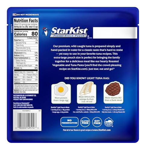 Image of StarKist Chunk Light Tuna in Water, 11 oz Pouch (6 Pack) Ready to Eat Wild Caught Tuna, 19g Protein Per Serving, 80 Calories Per Serving, Gluten Free, Soy Free, Kosher, Perfect for Meals and Snacks