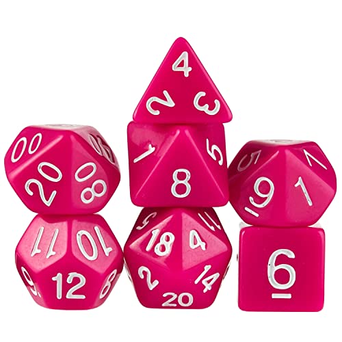 Wiz Dice Dragonberry Set of 7 Polyhedral Dice, Solid Neon Magenta Pink Tabletop RPG Dice with Clear Display Box