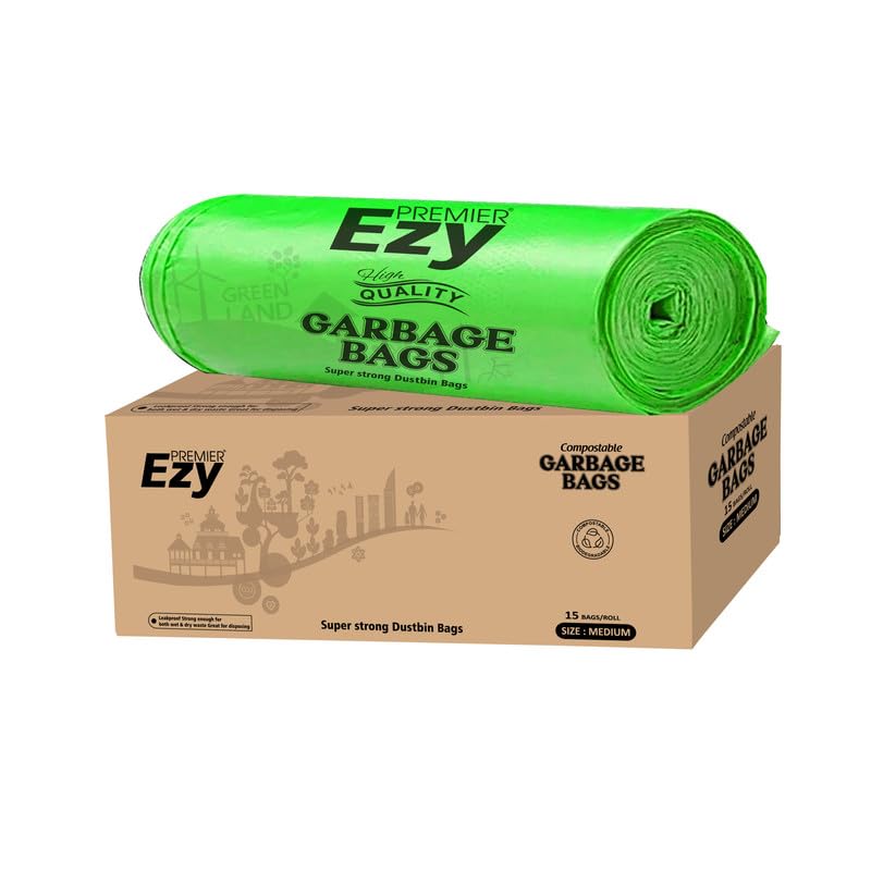 premier ezy garbage bags | medium | 1620 pcs | 15 bags x 108 rolls | 19 x 21 inches | extra strong compostable & eco-friendly trash bag | green dustbin bag | bulk carton for office, homes, restaurants