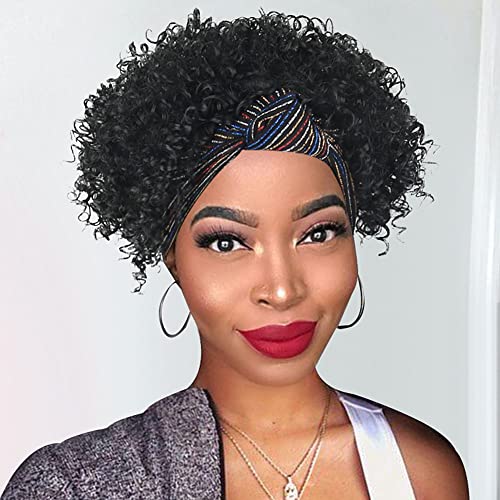 LEOSA Kinky Headband Wig for Black Women, Afro Curly Wig Head Wrap Wigs 2 in 1 Synthetic Short Jerry Curly Hair Wig with Headbands Attached Heat Resistant Afro Wig Wraps ,Black Afro Headwrap Wigs
