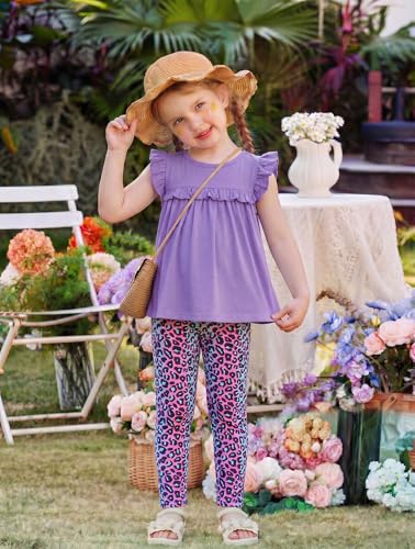 Image of Arshiner Toddler Girls 2-Piece Outfits Ruffle Sleeve Tee & Elastic Waist Pants Kids Summer Clothing Set For 2-10 Years