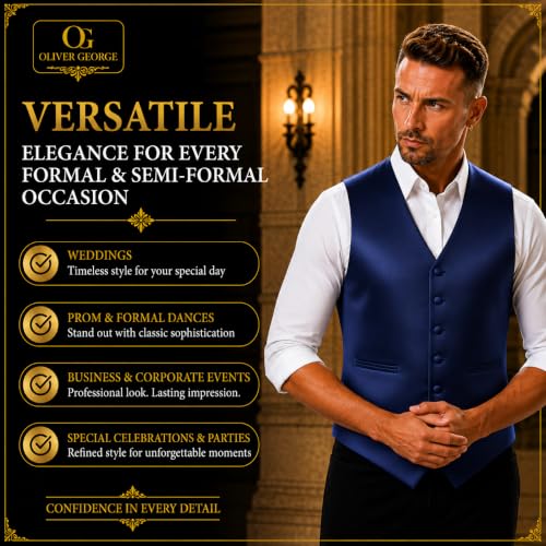 Image of Oliver George 4pc Men's Solid Formal Suit Waistcoat Tuxedo Dress Vest Necktie Bowtie Handkerchief Set for Suit or Tuxedo