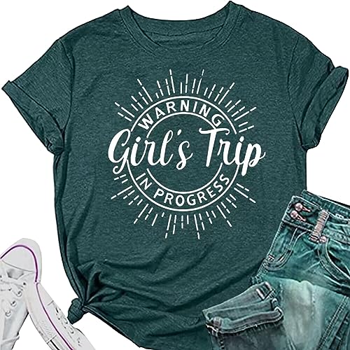 Image of Women's Casual Warning Girls Trip in Progress T-Shirt Casual Crewneck Short Sleeve Graphic Tee