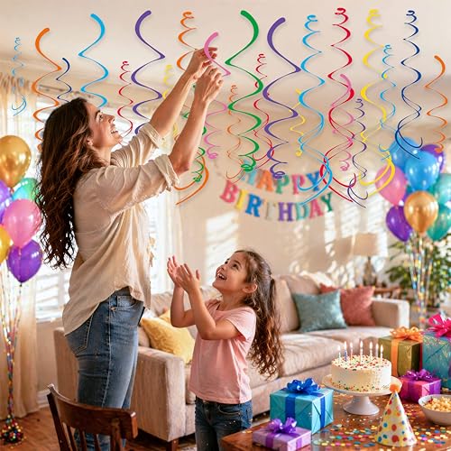 Image of HonuGoGo 48‑Piece Multi-Color Paper Swirl Decorations - Hanging Party Swirls for Birthday, Baby Shower, Wedding & Celebration Decor