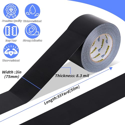 Image of Oleitodh 6 Pack 3 in Duct Tape Black Heavy Duty 330 Yards x 3 Inch - Strong, Flexible,No Residue,All-Weather and Tear by Hand - Bulk Value for Do-It-Yourself Repairs and Professional Use