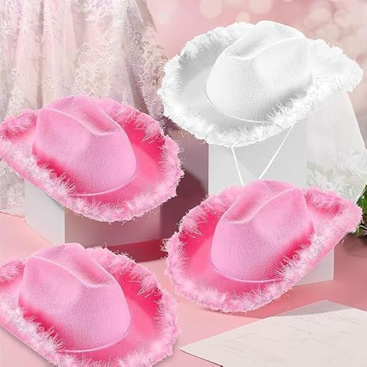 MALLOOM 12 Chapeau de cowgirl rose - Chapeau de cowboy rose pour femmes et adolescentes, chapeau de cowgirl amusant, cowgirl (Fil rose, blanc et argenté)