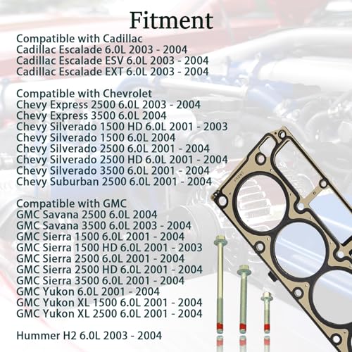 Image of 3-Layer Head Gaskets with Head Bolt Kit for Chevy GMC Express Silverado Suburban Savana Sierra Yukon XL 1500 2500 3500 HD Cadillac Escalade ESV EXT Hummer H2 6.0 LQ4 LQ9 2001-2004 Like 12589227