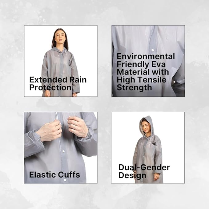 Image of Samfor Eco-Friendly EVA Poncho Raincoat for Men & Women, Lightweight Waterproof Coat with Hood, Adjustable Drawstring, Button Closure Reusable & Durable Outdoor Rainwear (Multi Colour, Free Size)