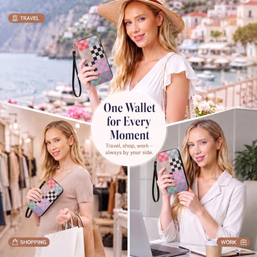 Image of Colorful Checkered Wallet for Women, Zip Around Wristlet Wallet | Detachable Wrist Strap, Large Capacity Long Phone Wallet for Cards, Cash & Travel