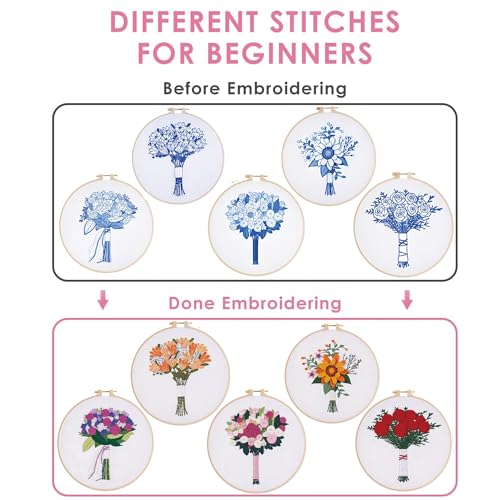 Image of TGFXA 5 Pack Beginner Embroidery Kit for Adults Spring Adult Craft Kits Cross Stitch with Flower Stamp Patterns Punch Needle Kits Adults Beginner Includes Rose Sunflower