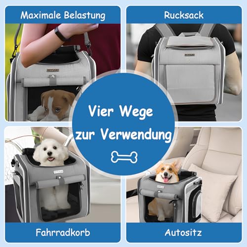 Hundekorb Fahrrad Vorne, Erweiterbarer Faltbarer Hundefahrradkorb Vorne mit 4-Offenen Türen, 4-Mesh-Fenster, Haustier-Reisetasche, Hunderucksack für Kleine und Mittelgroße Katzen und Hunde