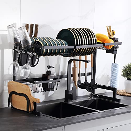 Exclusive Discount 50% Price 33.5''-41.3'' Adjustable 2 Tier Over The Sink Dish Drying Rack Large Kitchen Dish Drainer Space Saver Storage Organizer Shelf Above Counter with Utensil Holder and 6 Hooks