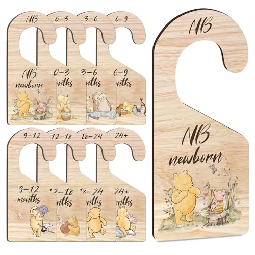 Image of Hatzelou 8Pcs Winnie Baby Closet Dividers, Winnie Baby Clothes Dividers for Closet, Newborn Baby Stuff for Baby Boys Girls, Wooden Double-Sided Baby Hanger Organizer from Newborn to Toddler