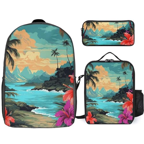 Hello Hawaii Backpack Set Lightweight Bag Lunch Box Pencil Bags for Women Men Bookbags 3 in 1