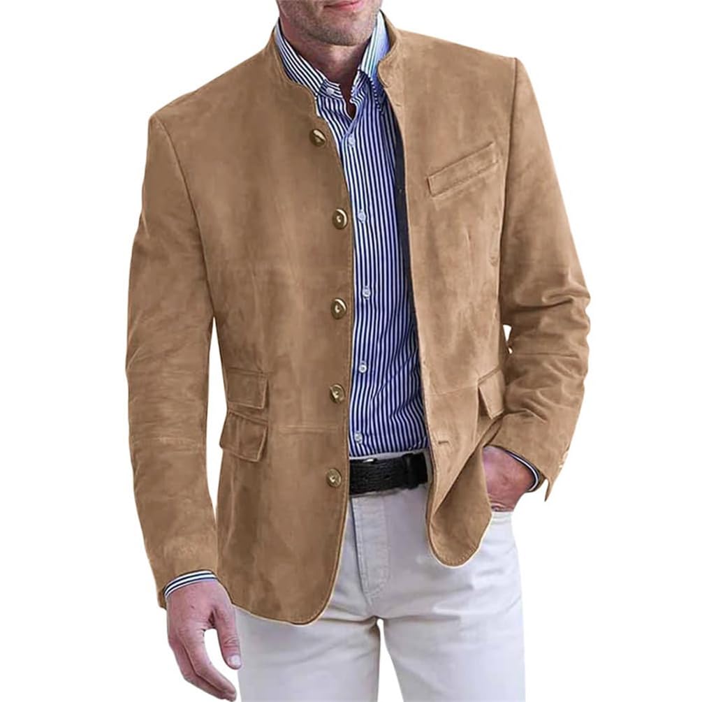 Onsoyours Blazer Décontracté à Col Montant pour Homme avec Poche à Revers et Manches Longues en Daim Vintage Décontracté Slim Bouton Costume d'affaires Blazer Veste