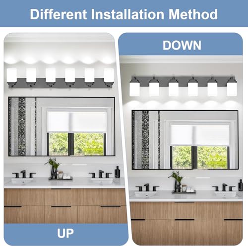 Image of Matte Black Bathroom Light Fixtures, 6 Lights Bathroom Lighting Fixtures Over Mirror, Square Design & Rectangle Large Backplate, Modern Vanity Lighting Fixtures, for Living Room /Bedroom