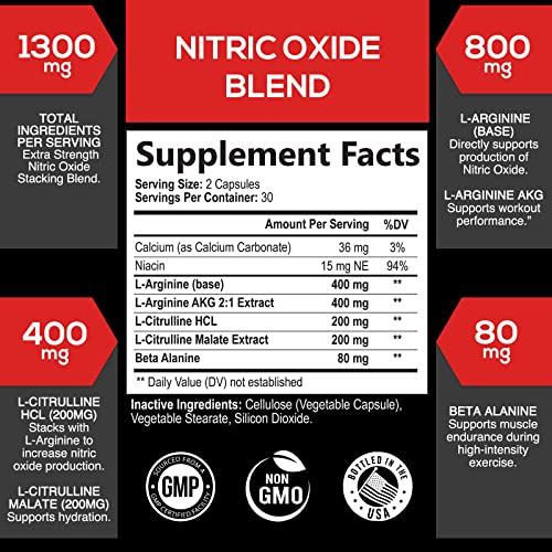 Extra Strength Nitric Oxide Supplement L Arginine 3X Strength - Citrulline Malate, Aakg, Beta Alanine - Premium Muscle Supporting Nitric Booster For Strength & Energy To Train Harder - 60 Capsules #TOP1