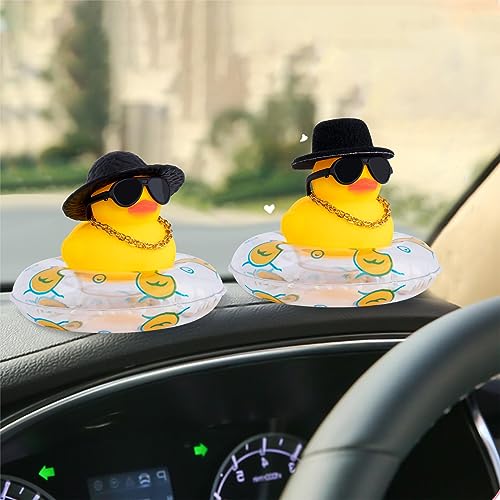 Image of wonuu Car Rubber Duck, Yellow Duck Decoration Dashboard with Sun Hat Swim Ring Necklace Sunglasses for Car Dashboard Decorations, Black Sun Hat-Transparent