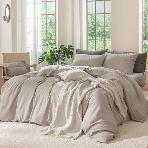 Image of MooMee Duvet Cover Set 100% Washed Cotton Linen Like Twin | Relaxed Linen-like Texture. Soft, Breathable & Long-lasting Comfort. Lightweight. Hidden Zipper with 8 Interior Corner Ties