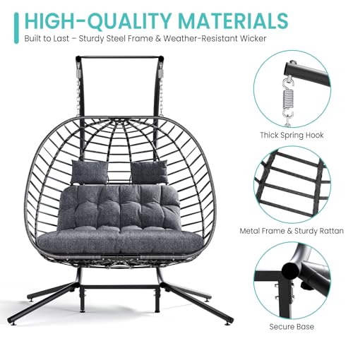 SWITTE Double Egg Swing Chair with Stand, Outdoor Patio 2 Person Hanging Wicker Hammock Chairs with Cushion for Indoor Bedroom, Lawn, Garden-Dark Grey