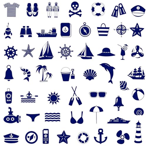 50 Pcs Navy Blue Nautical Stickers, Waterproof Vinyl Coastal Beach Stickers, Anchor Sailboat Starfish Marine Stickers for Water Bottles, Laptop, Journal & Sailor Gifts(Navy)