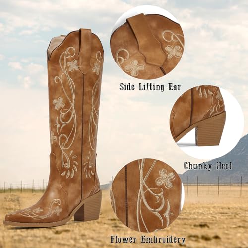 Image of wetkiss Knee High Cowboy Boots for Women, Stable and Comfortable | Western Style,Cowgirl Boots,Versatile,Pull On,Various Occasions,Non-slip Sole,Bohemian Rural Style