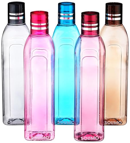 Amazon Brand - Solimo Unbreakable Round Plastic Water Bottle | Leak Proof | BPA Free | Ideal for Gym, Office, Home, Travel, College | 1 Litre Each | Set of 5 | Multi-Colour (B0D3GSR8QX) Amazon Price History, Amazon Price Tracker