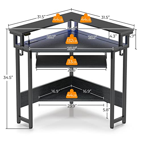 Rolanstar Corner Desk,44.5" W x 34.5" H Small Computer Desk with Power Outlets, Gaming Desk with LED Lights, Triangle Corner Table with Keyboard Tray & Monitor Stand for Small Space, Black