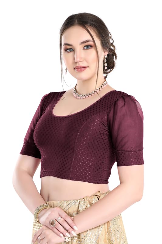Image of FINESTFIT Stay On Trend Fashion 100% Cotton Readymade Blouses for Women,Round Neckline with Organza Balloon Sleeves.