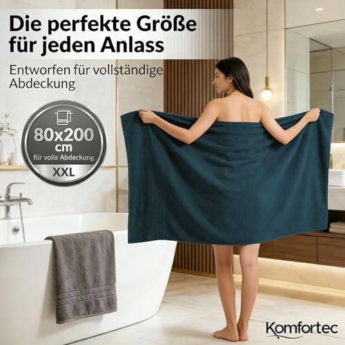 Komfortec 2er Saunatuch Set 80x200 cm aus 100% Baumwolle, XXL-Saunatücher, Sauna Handtuch, Weich, Groß, Frottee, Schnelltrocknend, Anthrazit Grau/Petrol