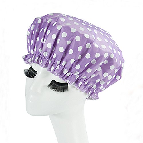 Eslite Waterproof Double Layers Shower Caps for Women,(Purple, White Dot)