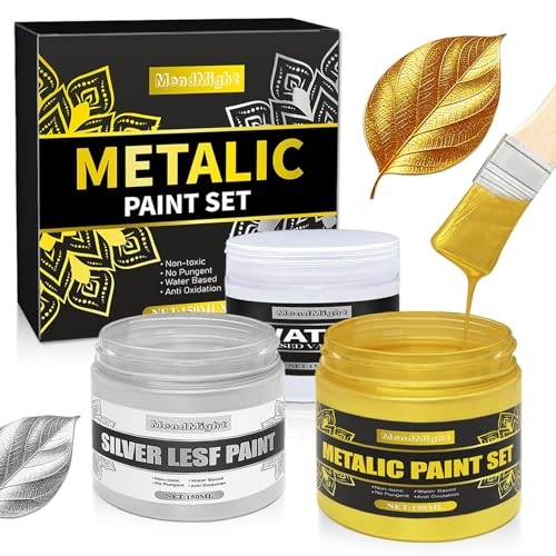 MendMight Gold & Silber Acrylfarben Set Metallic Lackfarbe für Metall 450 ml (3x150 ml) Goldlack Silberfarbe & Wasserlack Acrylfarbe Gold Metallic für Kunst Handarbeiten