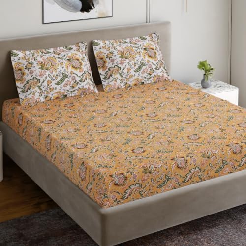 Image of Home Ecstasy 100% Cotton Jaipuri Bedsheet for King Bed, 140TC, 1 Bedsheet (Size 90 x 108 inches) with 2 Pillow Covers, Mustard