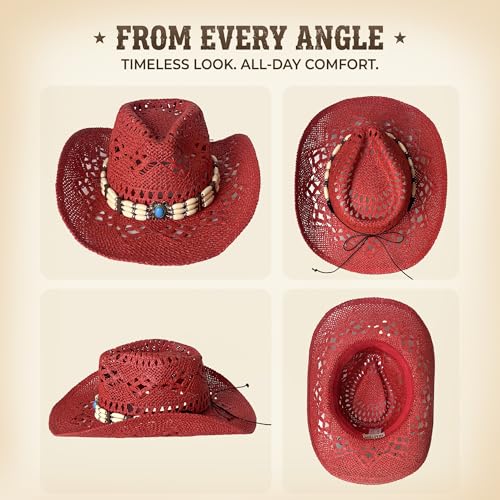 Image of Wildarms Western Cowboy Hat for Women Men Wide Brim Woven Straw Cowboy Hat for Men Cowgirl Sun Beach Hat Decorative Bands