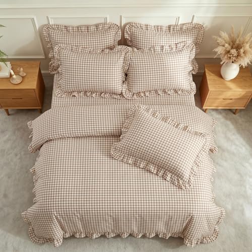 Image of Nayoroom Gingham Duvet Cover Queen Size Tan Brown Ruffle Plaid Checkered Duvet Cover 3 Pieces Soft Washed Microfiber Vintage Farmhouse Dorm Bedding Set Gifts for Women Men