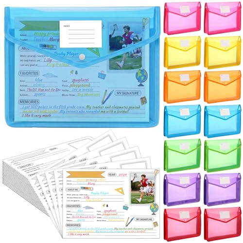 Motipuns 14 Pack K-12 School Memory Box Back to School Year Memory Kit Large Capacity 16 Questionnaires Photo Album Organizer Keepsake Scrapbook from Pre to 12th Grade File Picture Folder (Multicolor)