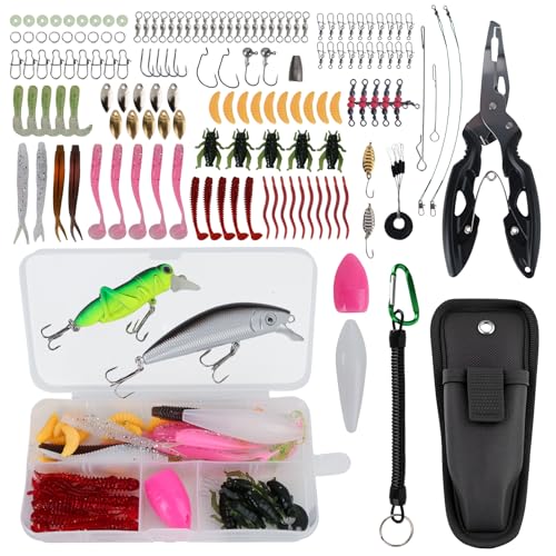 Juego de 153 señuelos de pesca con 29 variantes y caja de cebo – Wobbler, peces de goma, spinner para agua dulce y salada – Juego completo para principiantes y profesionales