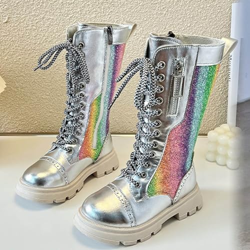 Girls Glitter Knee Length Boots Fashion Lace-Up PU Leather Riding Boots Side Zipper Sparkly Christmas Holiday Shoes2