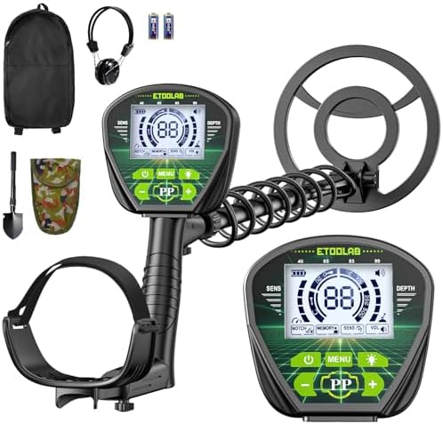 ETOOLAB Metalldetektor Set, Profi-Metalldetektor für Erwachsene, 5 Modi | IP68 Wasserdichte 25-cm-Suchspule Mit LCD-Display, Klappschaufel, 2 Batterien & Rucksack, Metalldetektor E