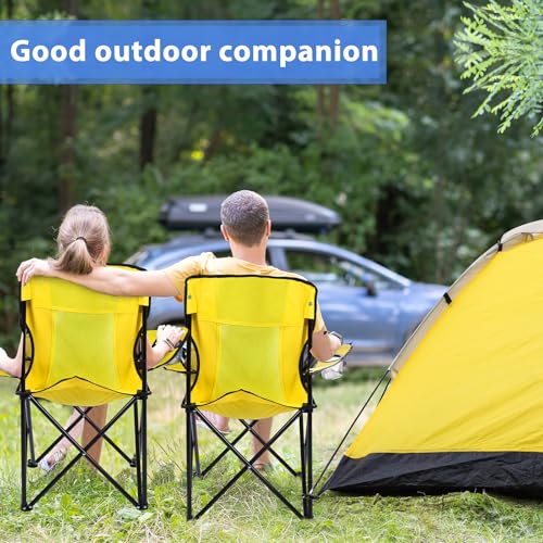Shellwei 2 PCS Folding Camping Chair with Cupholder and Carry Bag Regular Size Colorful Breathable Portable Lightweight Lawn Chair with Side Pocket for Fishing Hiking Beach Outdoor Activity(Yellow) by Shellwei - Used condition - Image 6