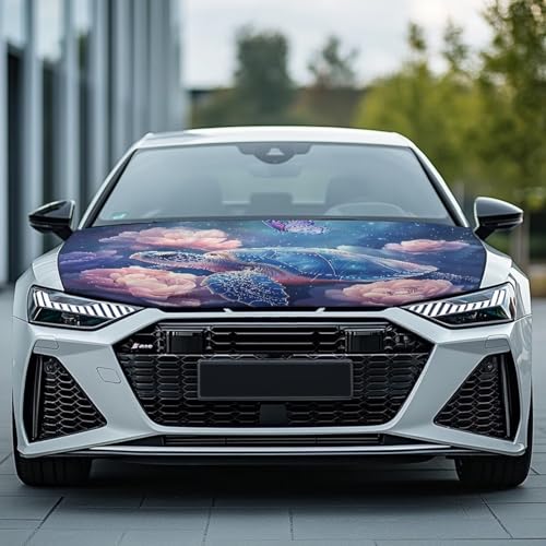Image of Turtle Pink Flower Car Hood Cover 59x39 Inch Car Hood Protector Car Hood Flag All Weather Universal Car Exterior Accessories for Sedan SUV Truck Pickup Jeep
