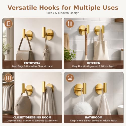 Image of Gold Stainless Steel Wall Hooks, Heavy Duty Self-Adhesive Hooks for Coats, Towels, Robes, Hats, Aprons - No Drill Bathroom, Kitchen, Hotel (2 Pack)