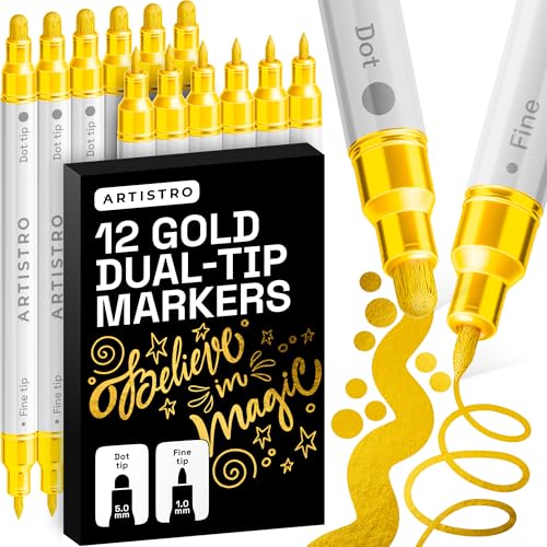 Image of ARTISTRO 12 Gold Dual-Tip Acrylic Paint Markers - Paint Pens Set with Dot & Fine Tips for Fabric, Rock, Glass, Wood, Coloring Books - Arts & Crafts Gift - Classroom Must Haves & School Supplies