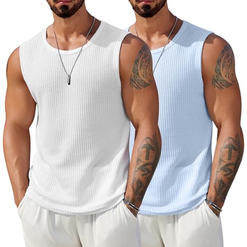 Image of COOFANDY Mens Casual Tank Tops 2 Pack Waffle Knit Sleeveless Shirt Breathable Tank Shirts Summer Muscle Tee