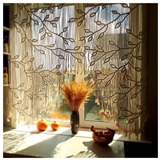 Macrame Wall Curtain , Macrame Macrame window curtain, vintage curtain with leaves, window valance, macrame leaves wall hanging,Boho Curtain (24*24inch) Natural