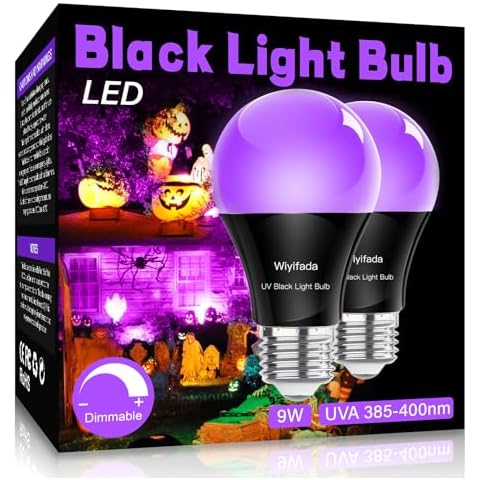 Wiyifada LED Black Light Bulbs 2 Pack, A19 9W UV Black Light Replace Up to 100W, 120V E26 Base Black Lights UVA Level 385-400nm, Glow in The Dark for Body Pain, Blacklights Party, Halloween Cover