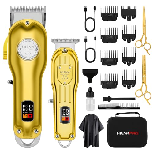 HIENA PRO Professional Hair Clippers Set for Men, Cordless Barber Clipper Trimmer Set, Hair Cutting Machine Kit, Rechargeable Clipper Set for Barbers with LED Display (Gold)