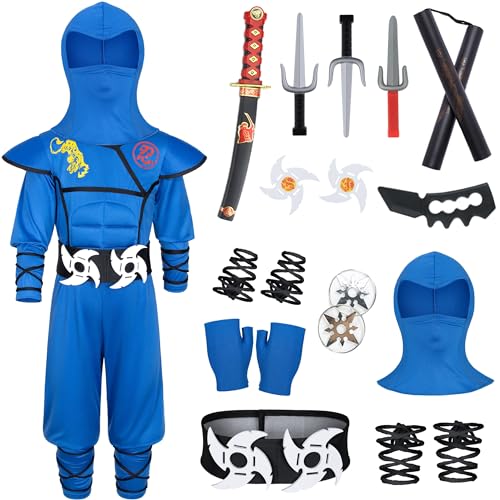 Kids Ninjia Costume - Boys & Girls Muscle Ninja Costume Suit with Deluxe Ninja Toys Halloween Cospaly Dress Up (Blue) 10-12 Years