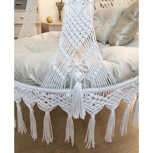 Image of Macrame Hanging Chair Swing with Cushion | Handmade Boho Hammock Chair for Adults & Kids | Indoor Outdoor for Balcony, Living Room, Bedroom, Patio & Garden (Off White)